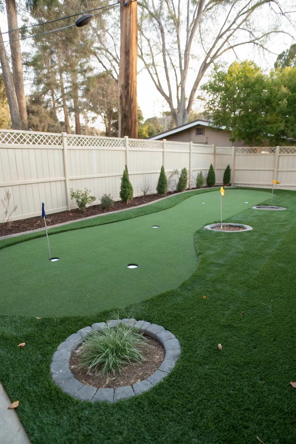 A putting green featuring multiple holes for a versatile golfing experience.