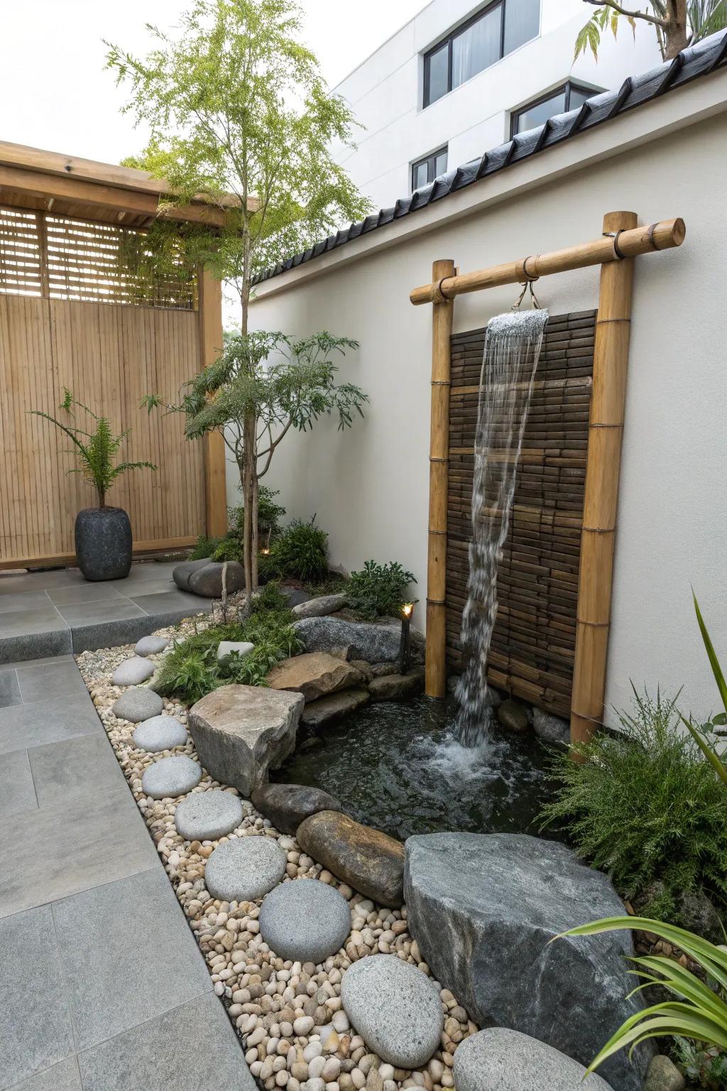 A Zen garden cascade fashions a peaceful and meditative backyard.