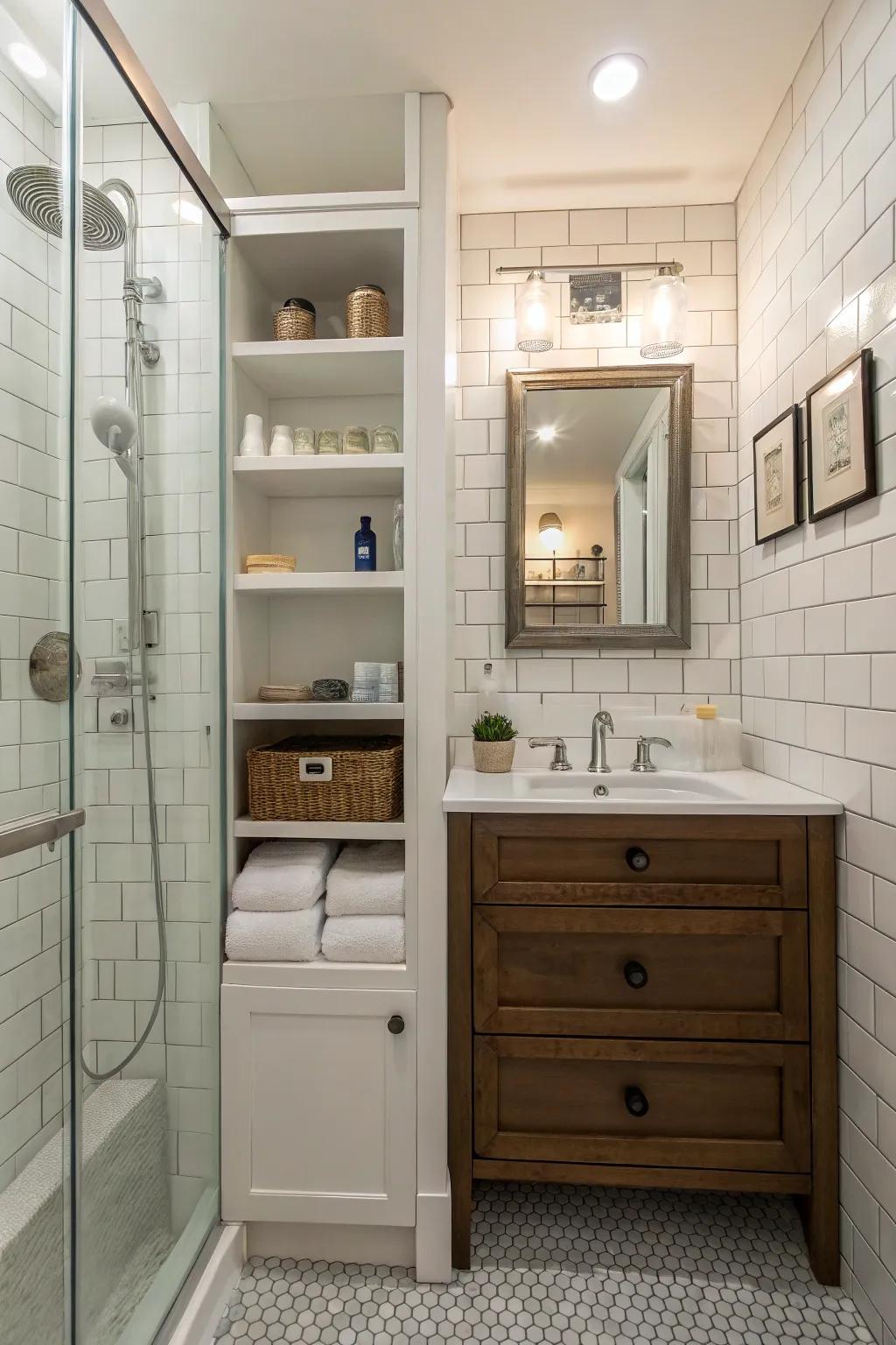Recessed shelving makes efficient use of space in a small bathroom.