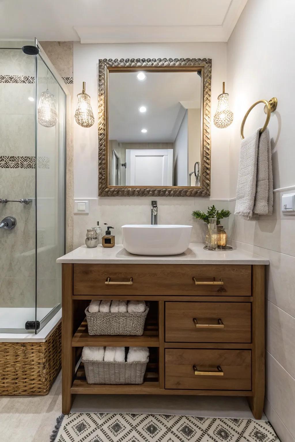 Unique fittings that inject character and refinement into a compact bathroom vanity.