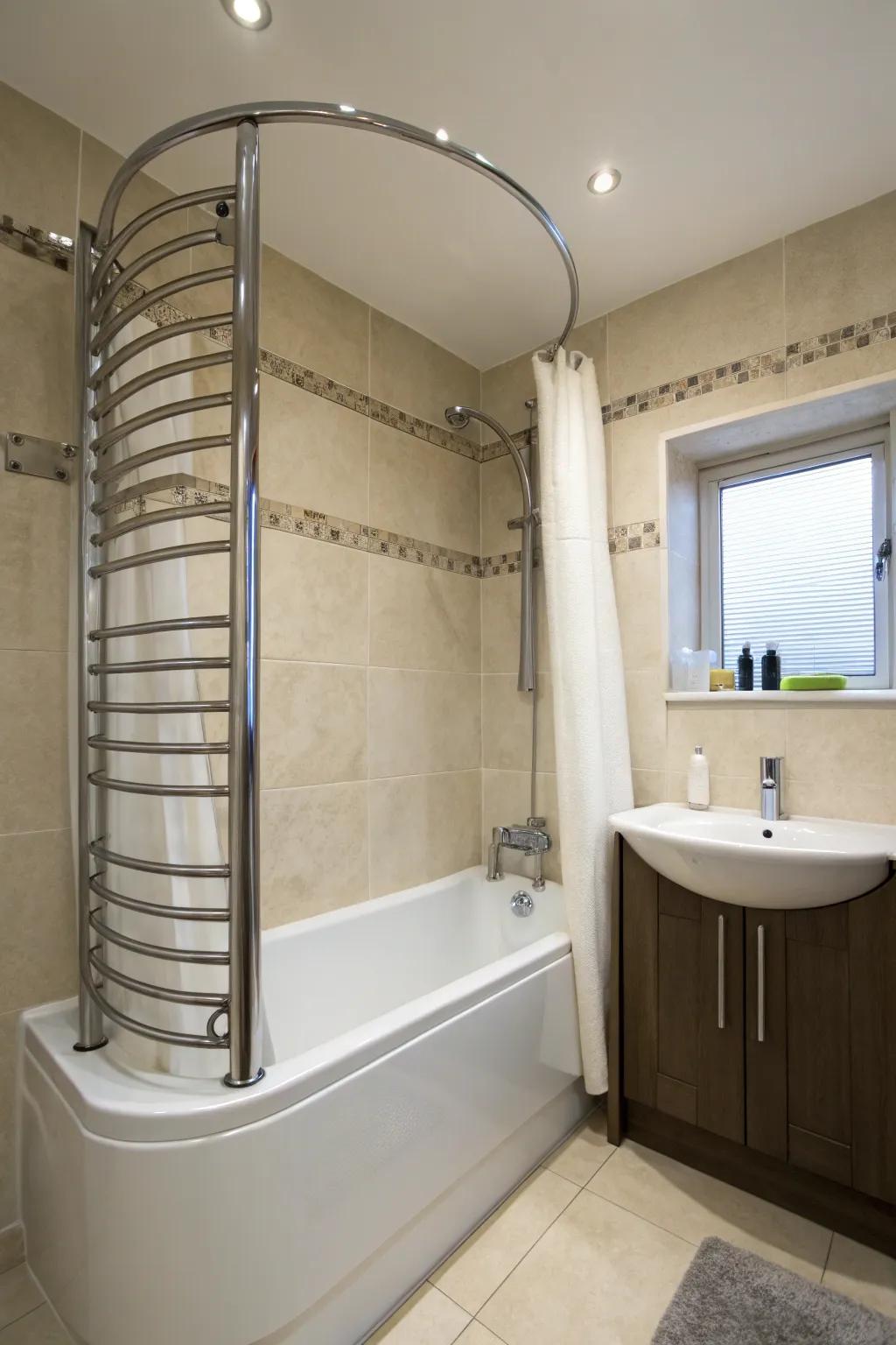 Bowed rails offer additional space and a chic touch.
