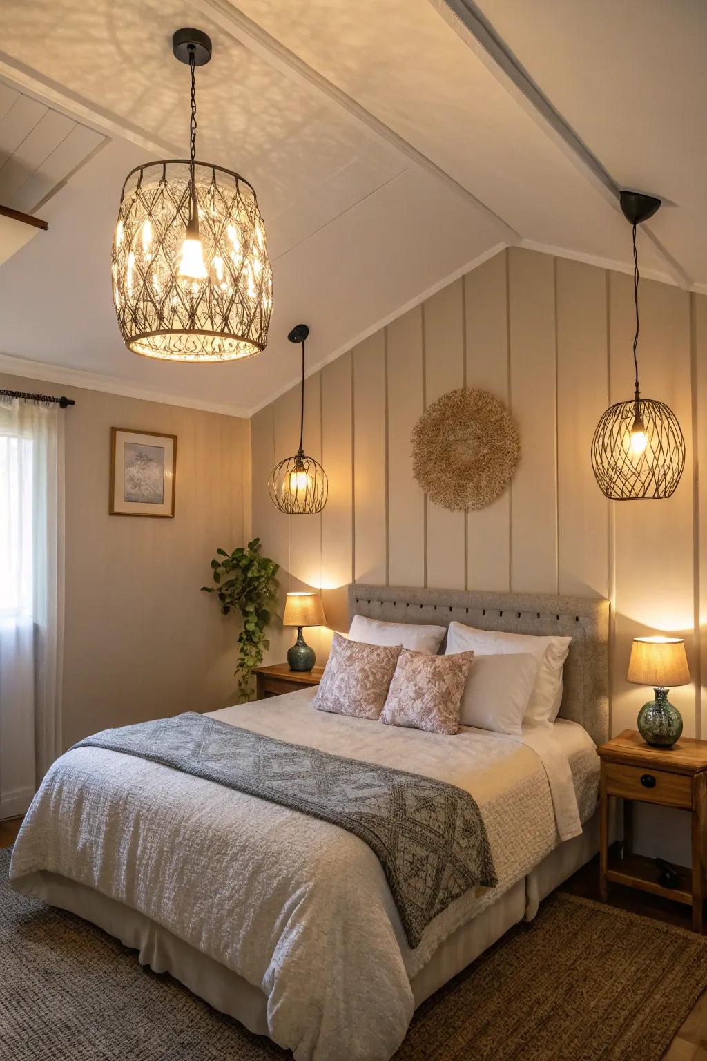A small bedroom lit with hanging lights and lamps for a cozy feel.