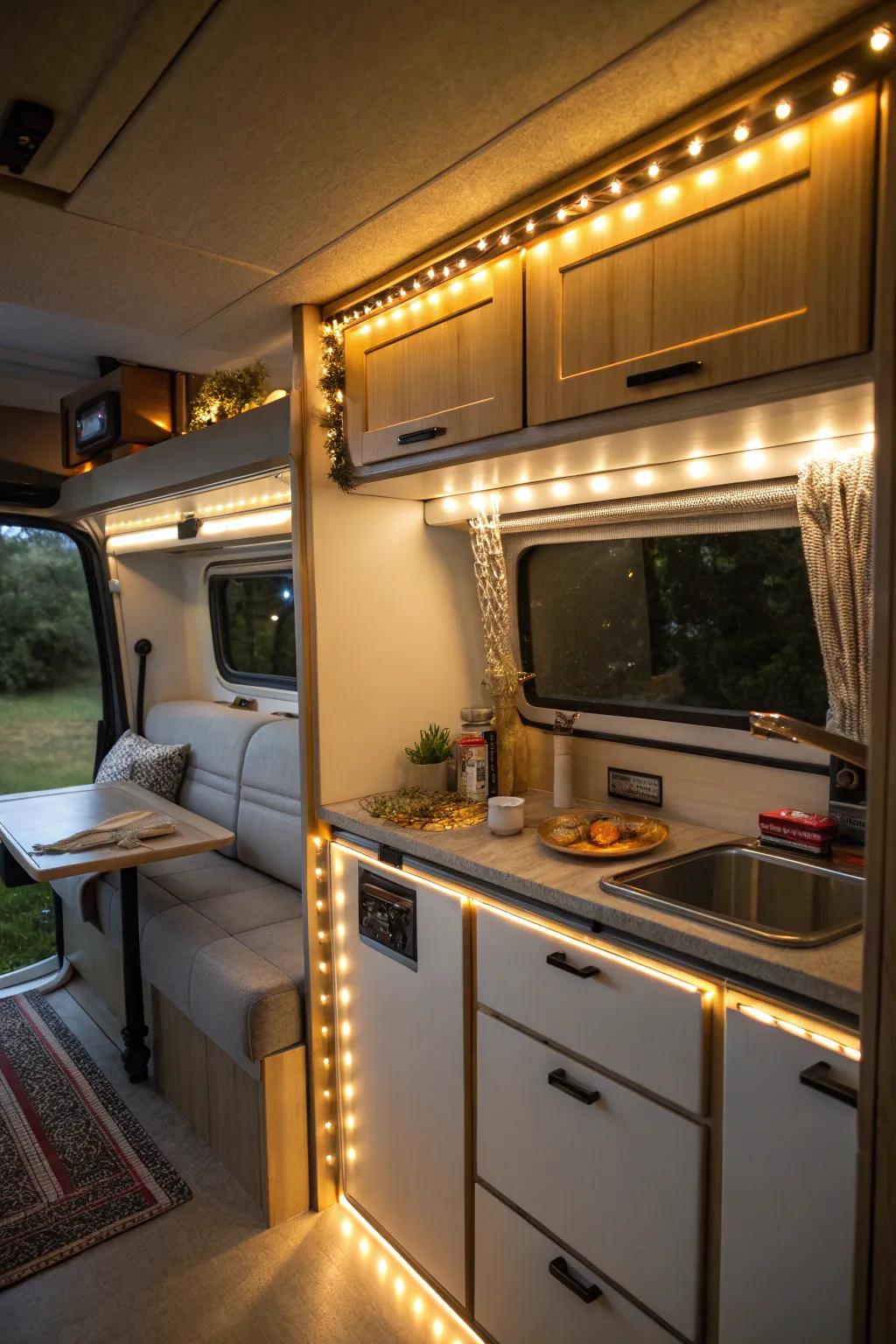 Warm lighting in a camper creates a cozy and inviting atmosphere.