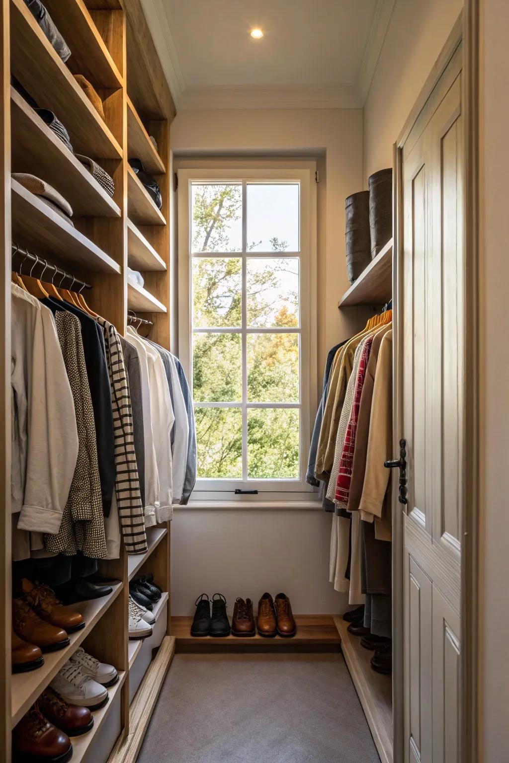 Sunlight fills a small, inviting closet.