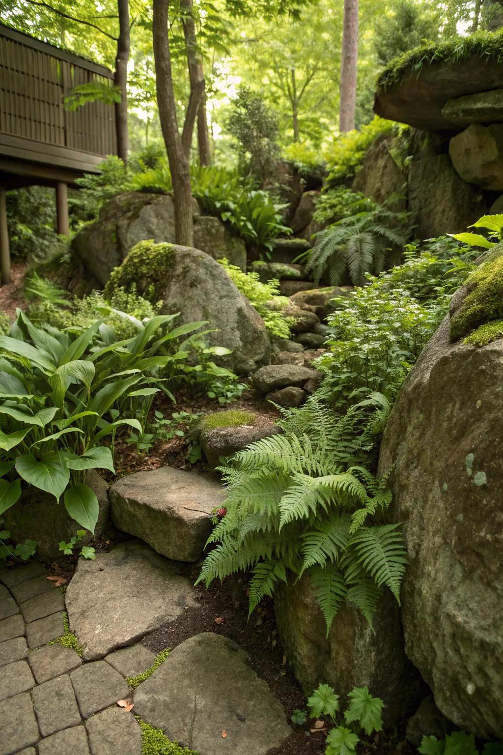 This corner stone garden has a lush ambiance because to the ferns and foliage.