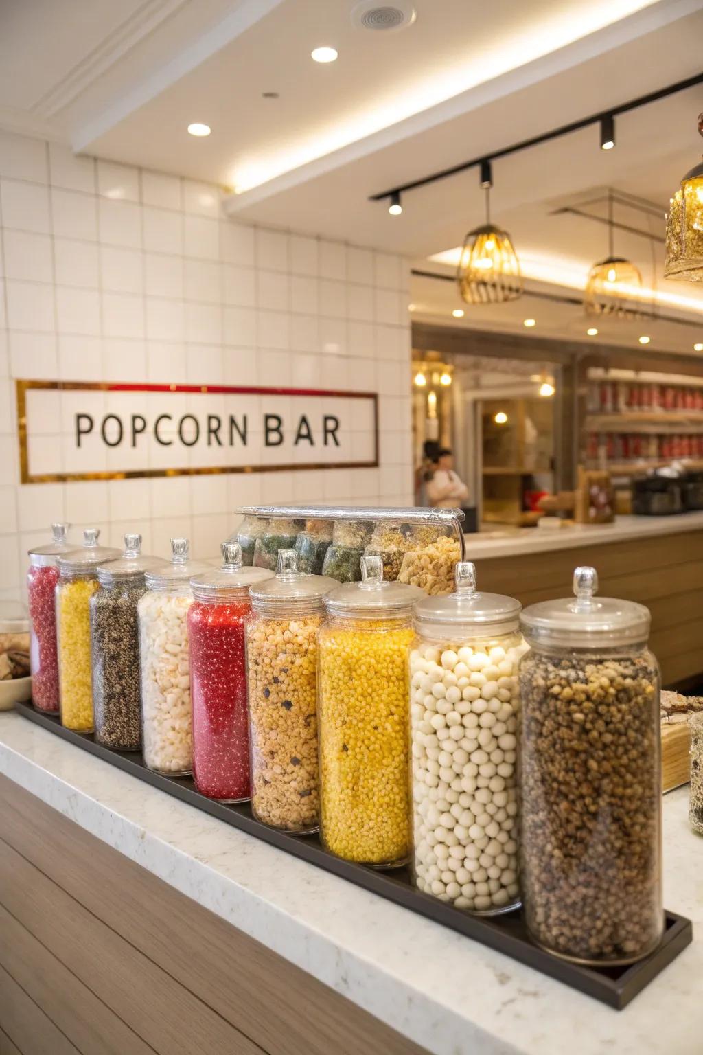 An upscale popcorn bar presenting a fusion of sweet and savory selections.