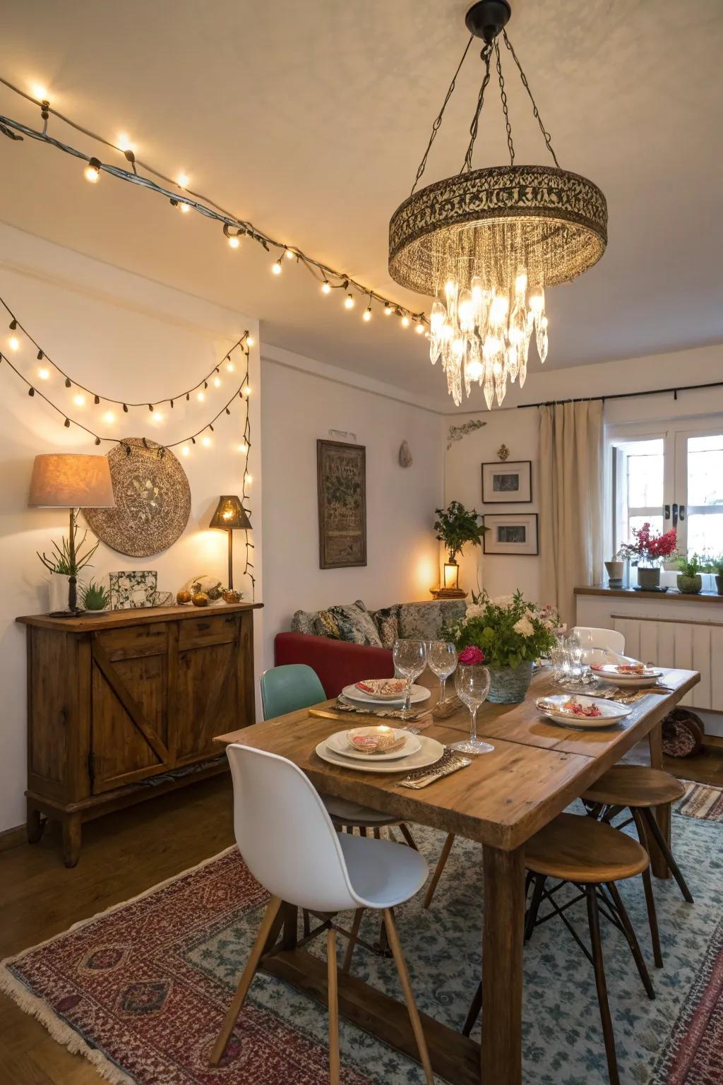Eclectic lighting brings individuality and appeal to dining spaces.