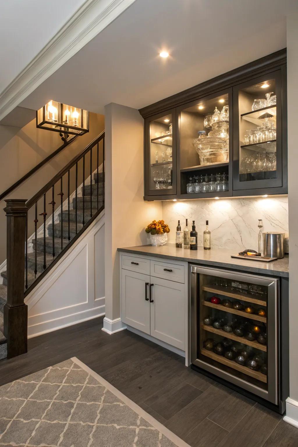 Take advantage of under-stair space to create a compact dry bar.