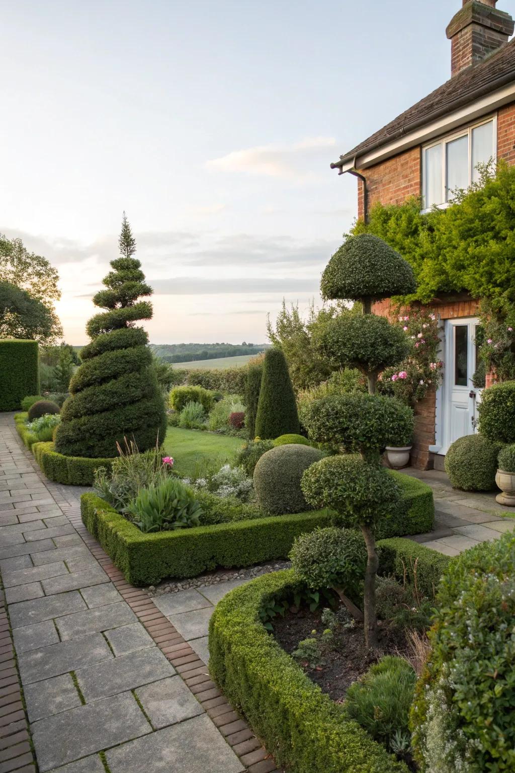 Inventively shaped topiary bushes contribute a whimsical element to the garden.