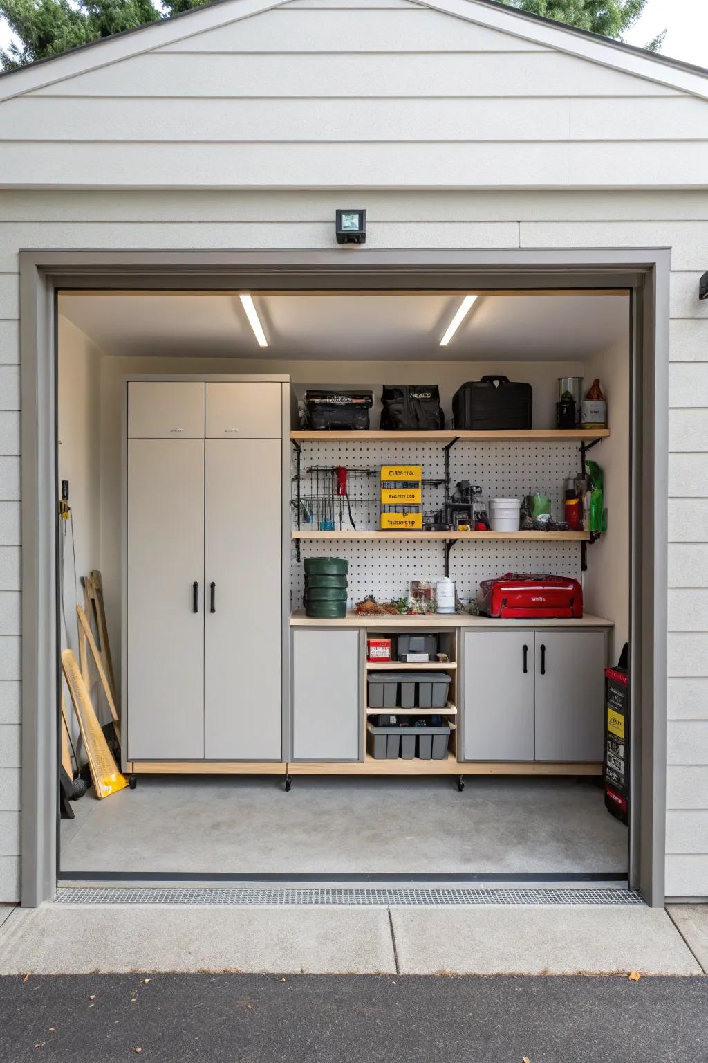 A small garage maximized with clever storage solutions.