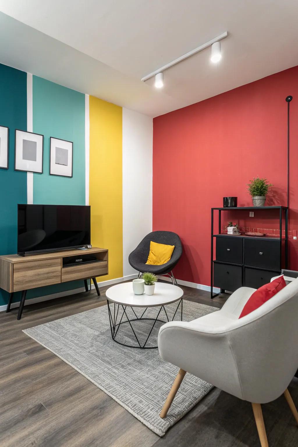 A small living room using color-divided walls that makes a dynamic design.