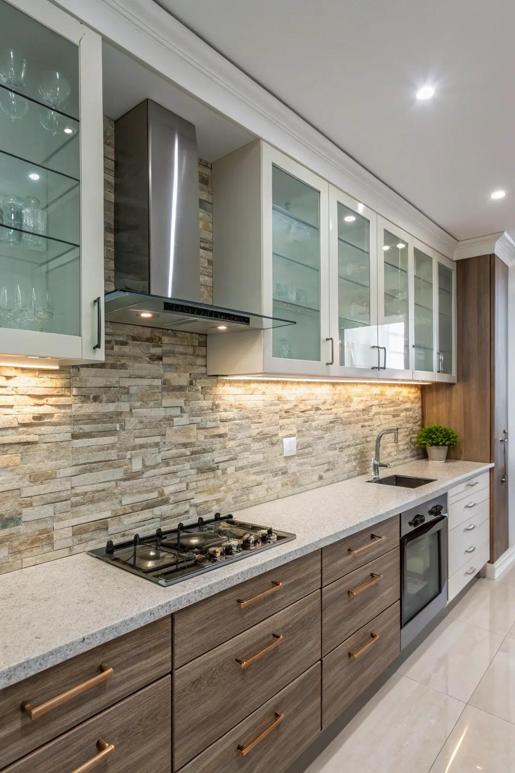 Establish a distinctive design by combining materials in your backsplash.