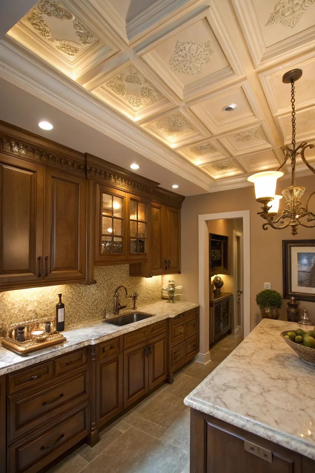 Paneled ceilings inject a hint of classic elegance to small kitchens.