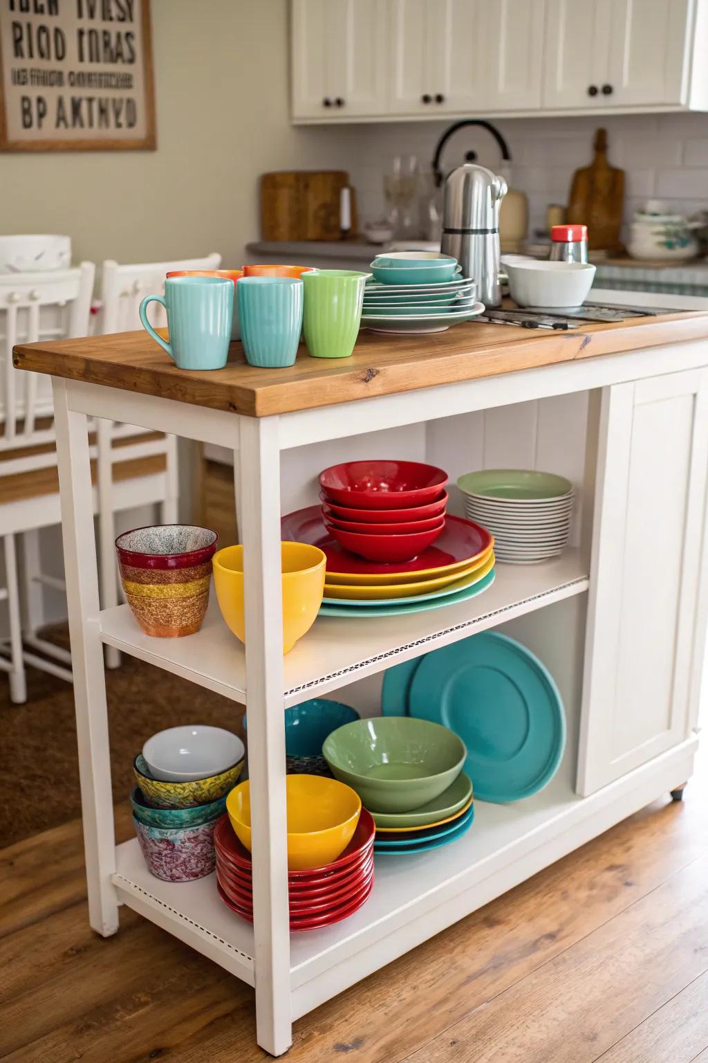 Exposed shelving provides an airy feel and room for decor.