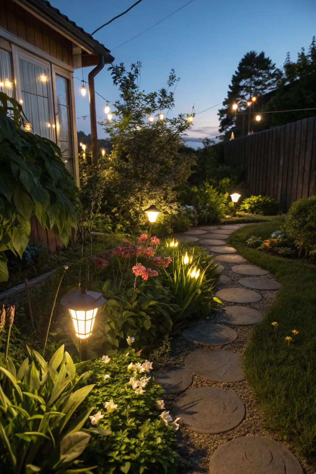Garden lighting establishes a cozy and attractive atmosphere after sunset.