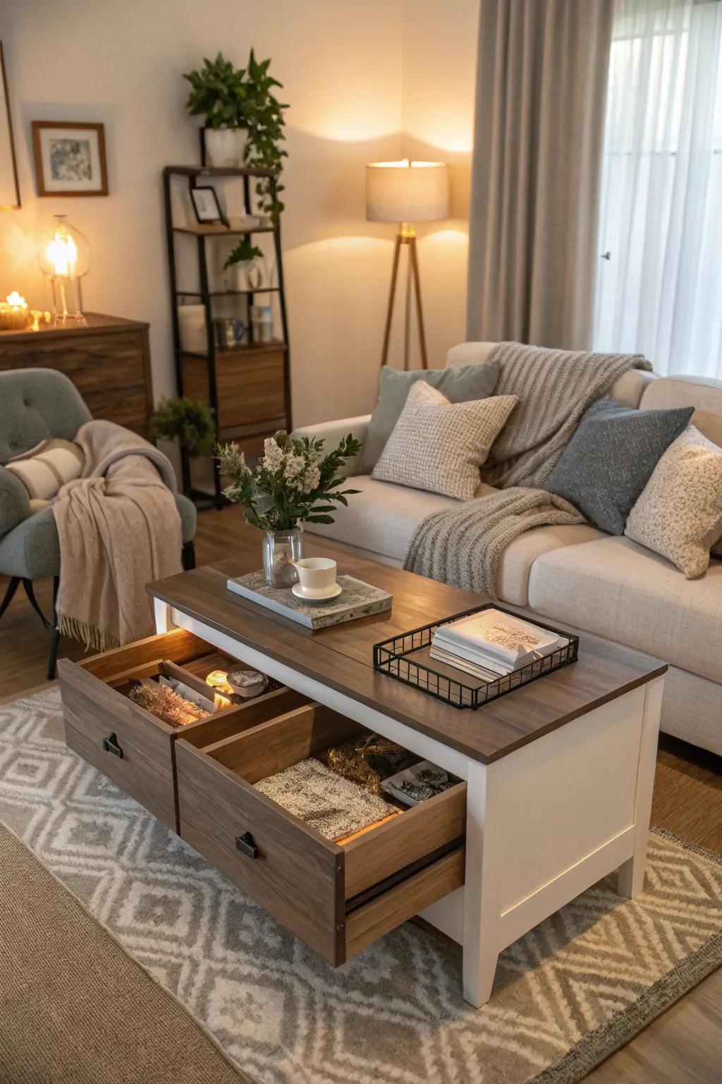Your space is kept uncluttered by a storage coffee table.