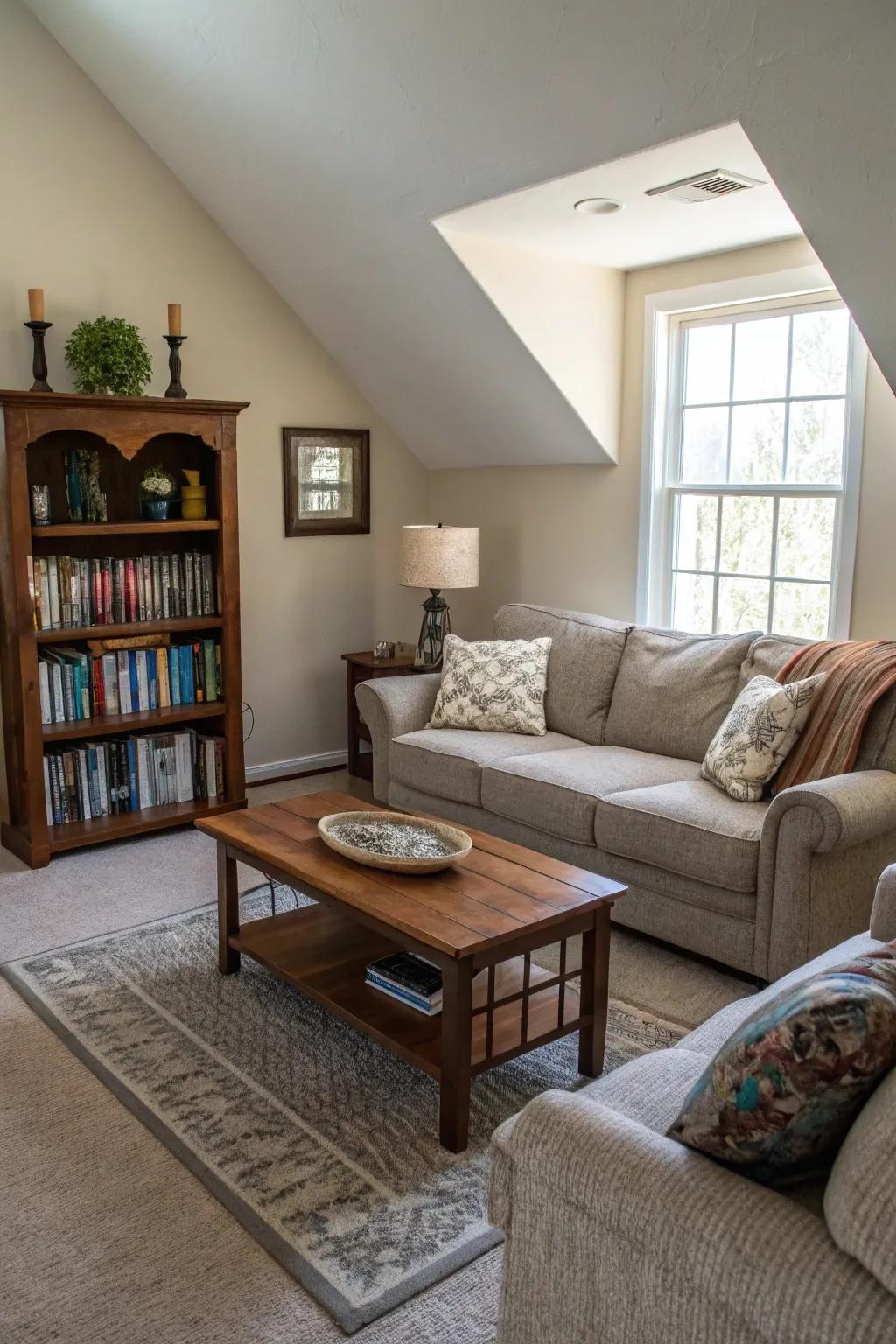 Angled furniture enhances mobility and introduces interest.