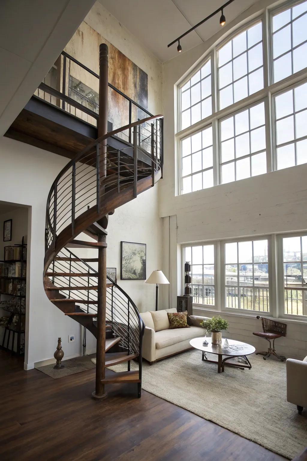 A winding staircase adds both functionality and style.
