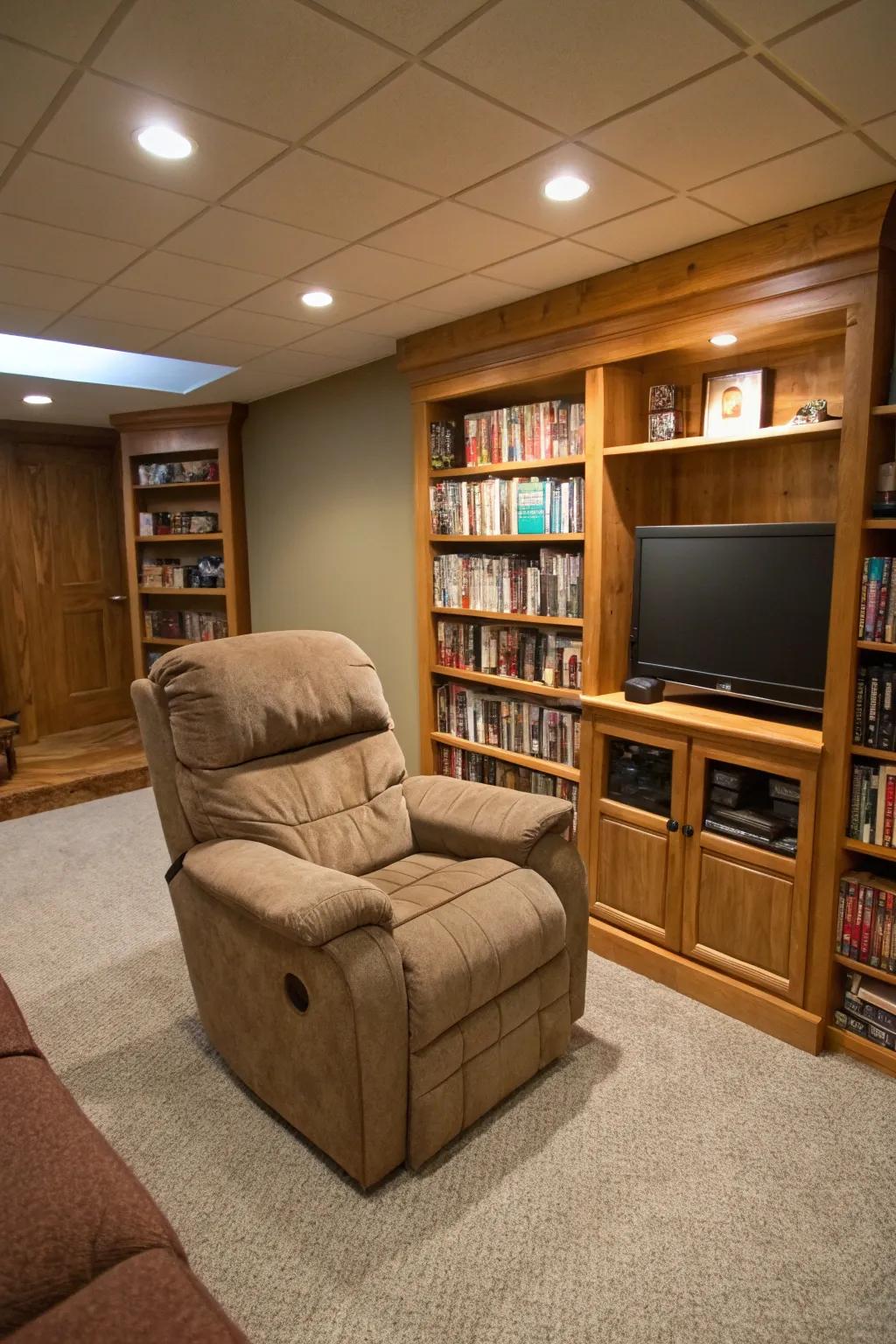 A chair that leans back and includes storage is both cozy and practical.