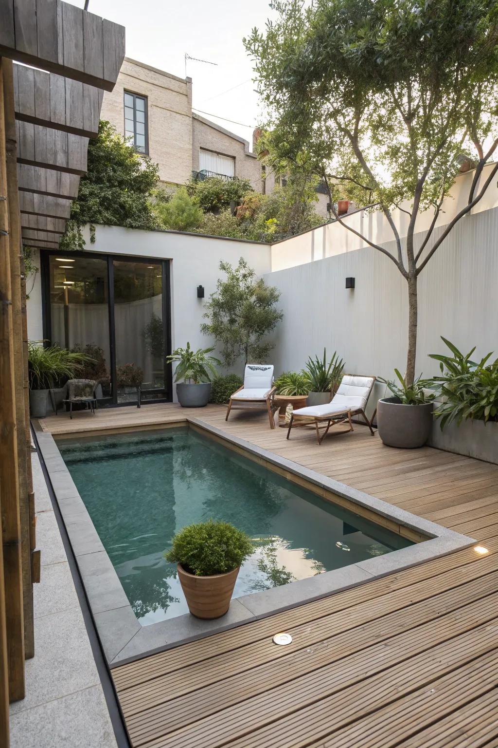 Minimalist decking framing a modern pool.