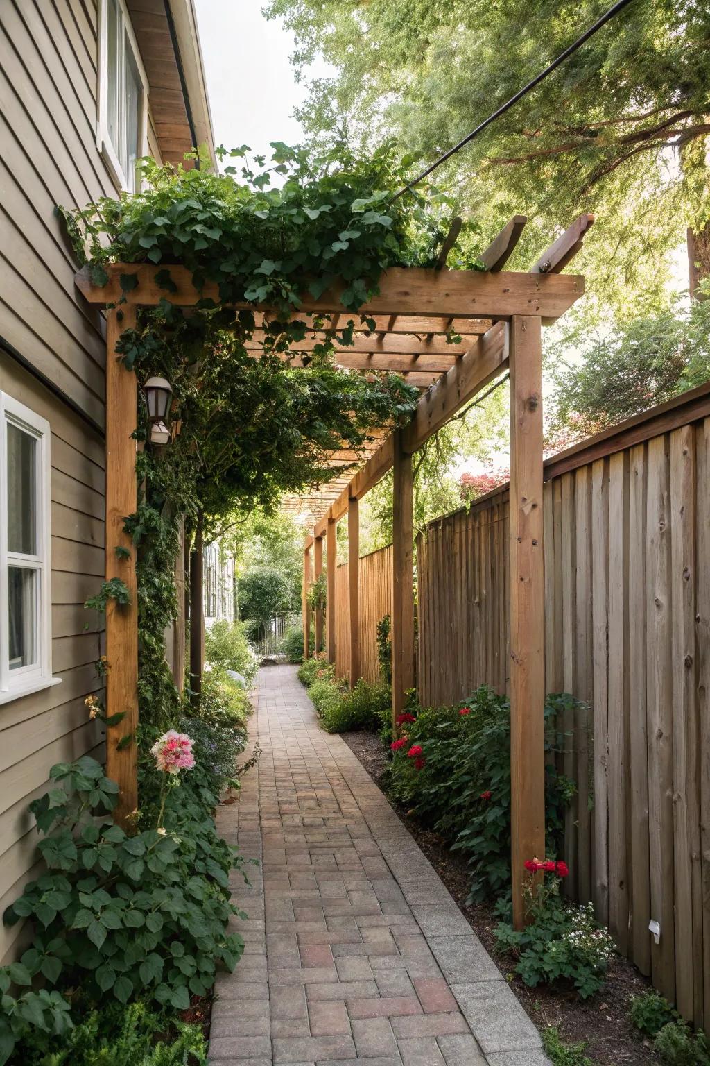 Trellises and pergolas add upright sophistication to narrow side yards.
