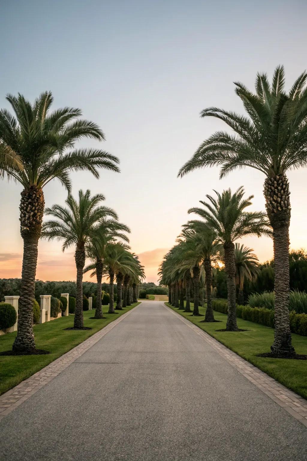 Symmetrical palm arrangements create a balanced and inviting entrance.
