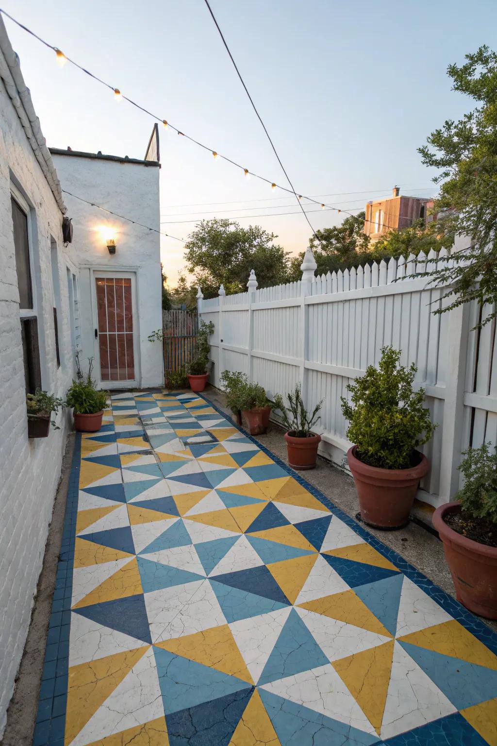 A painted geometric floor design enhances a patio.