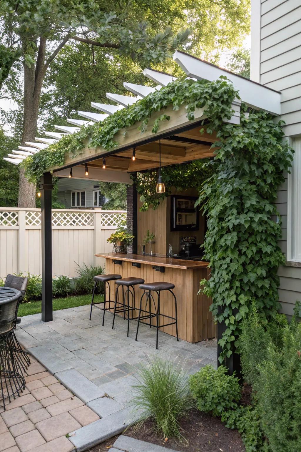 A pergola featuring an integrated bar creates a fun, social space on a small patio.