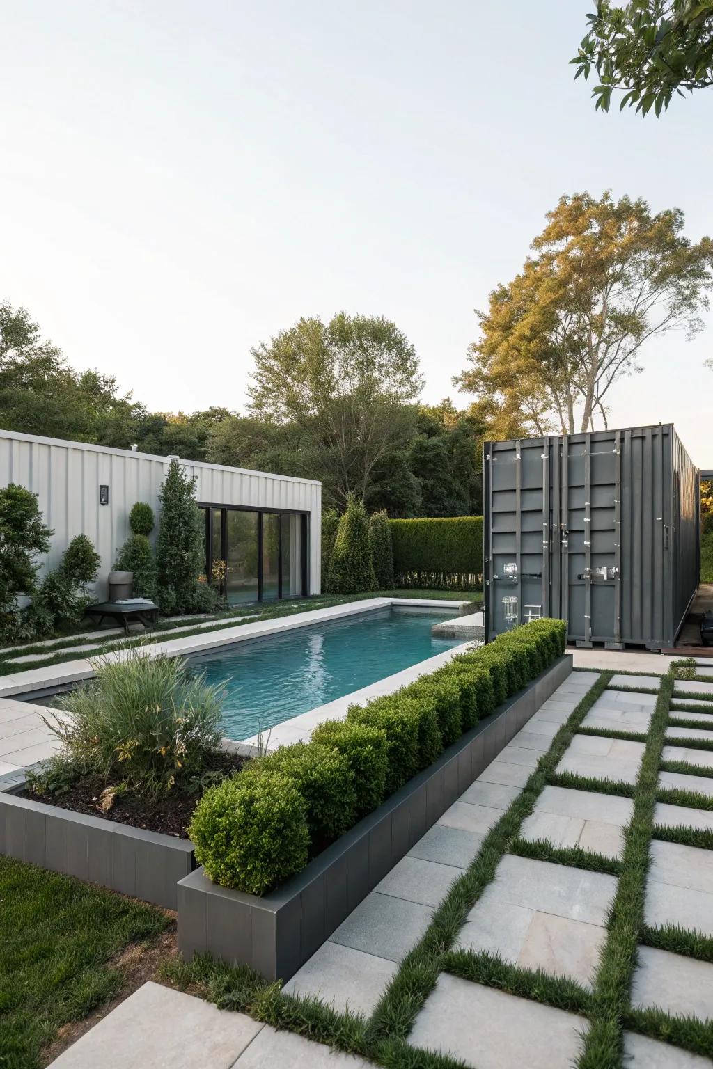 An industrial-chic cargo box pool in a modern backyard.