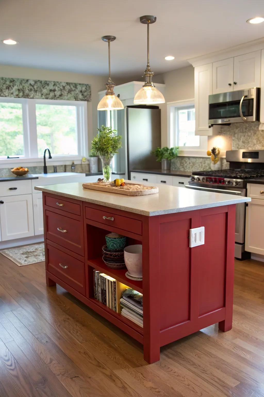 A compact red center island offers both function and style.