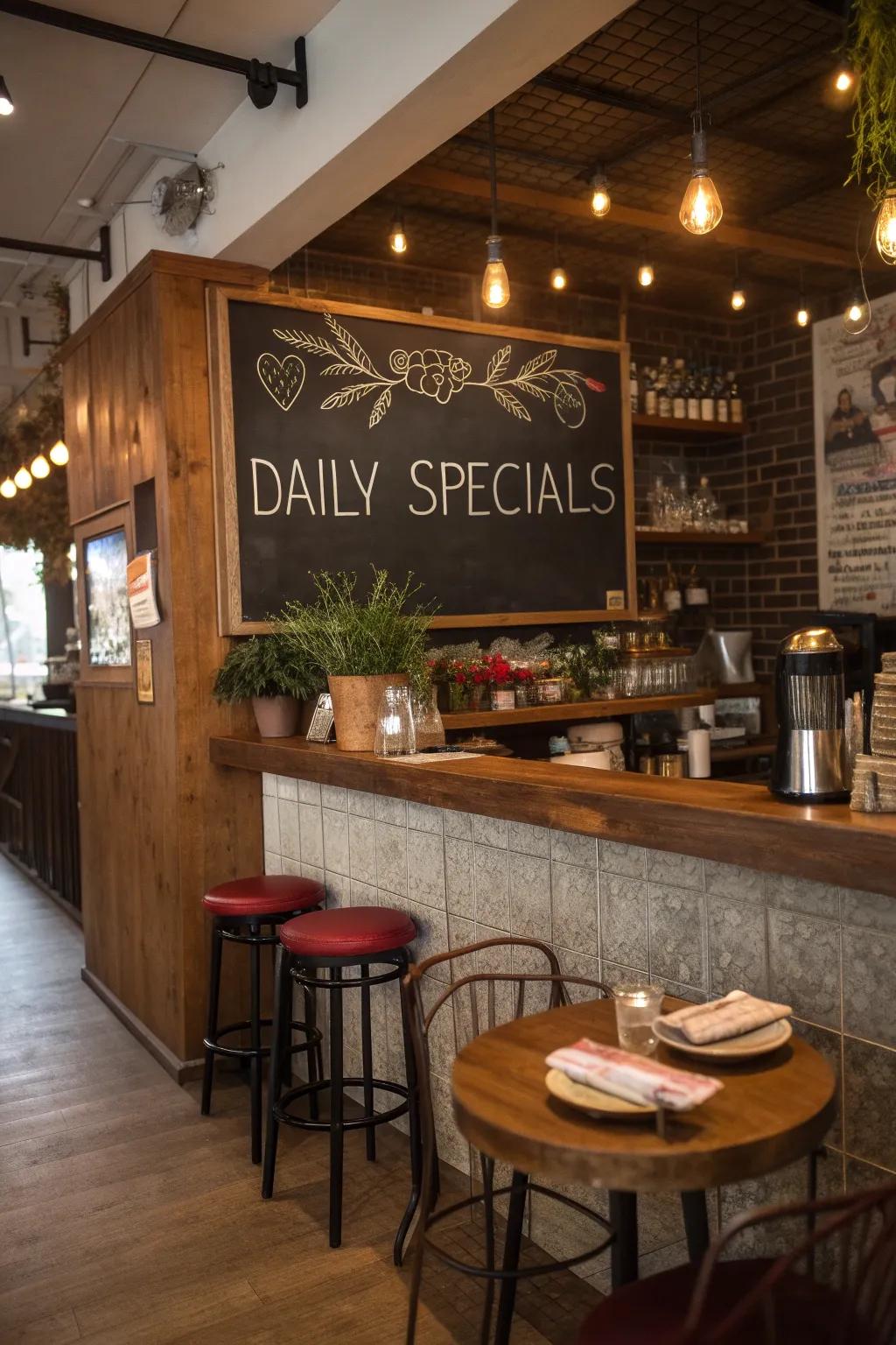 A chalkboard directory infuses a personal and useful nuance into a small restaurant bar.