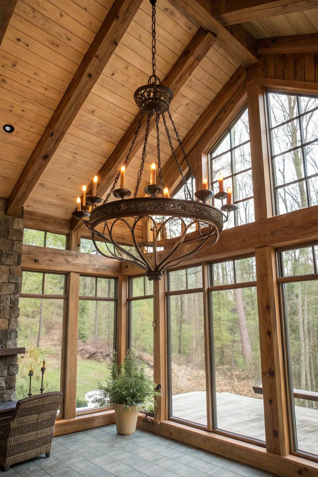 A country-style hanging light offers both functionality and design in this sunroom.