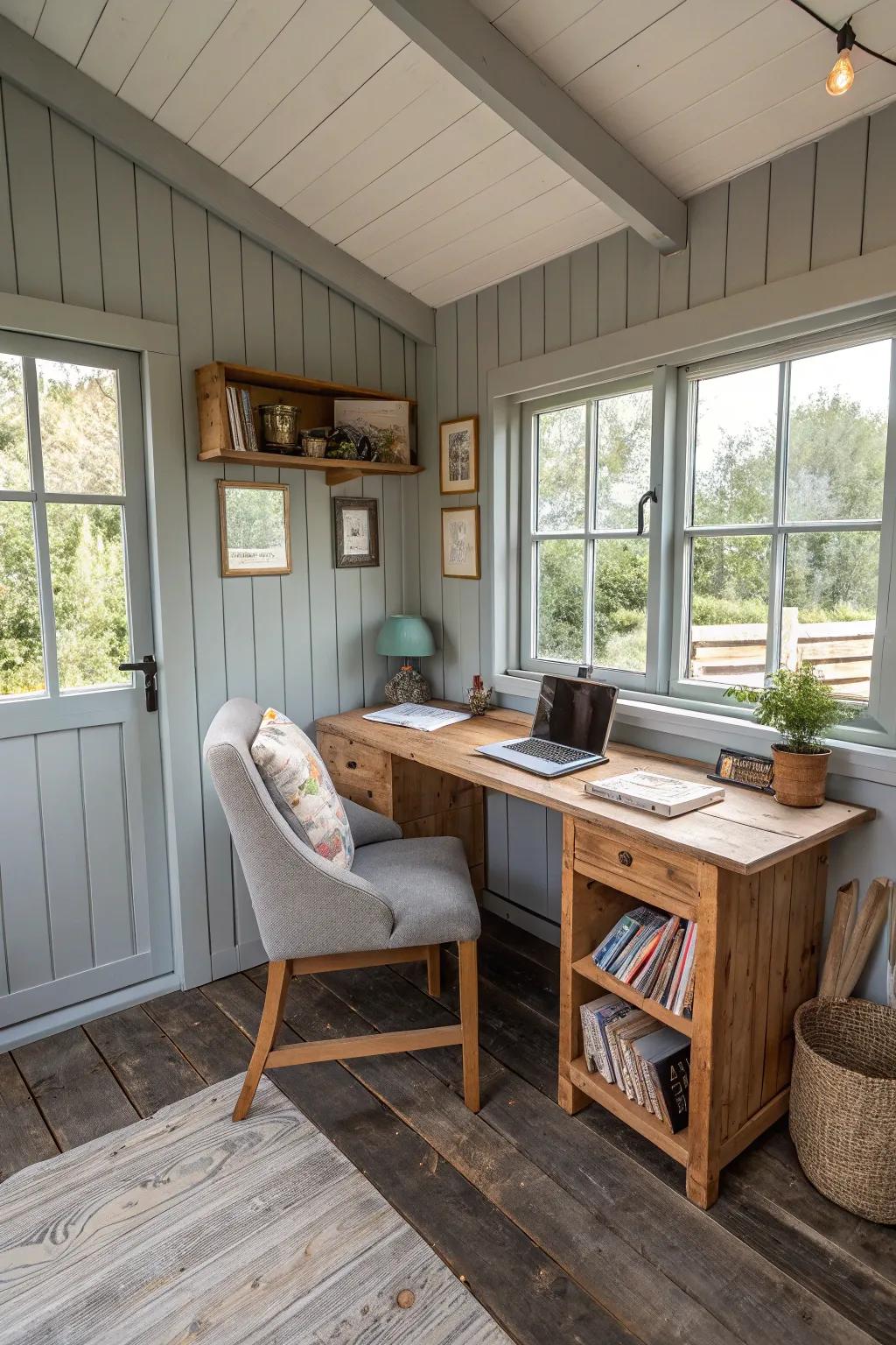 A vibrant and practical home office inside a small shed.