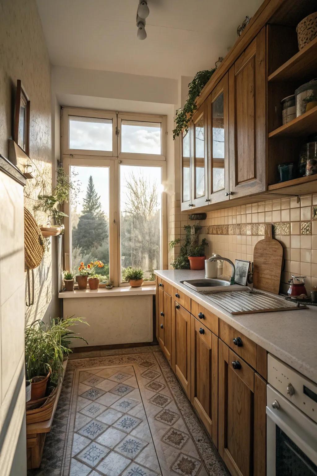 Sunlight enhances the sense of spaciousness in a compact cooking area.