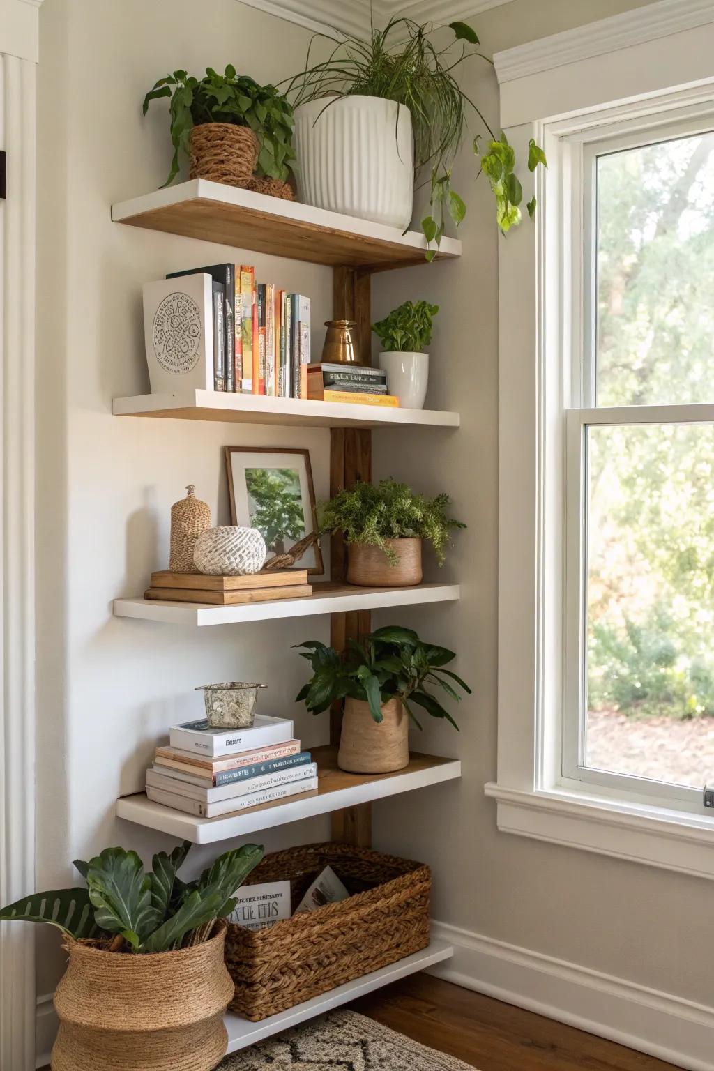 Chic corner shelving makes use of otherwise lost space.