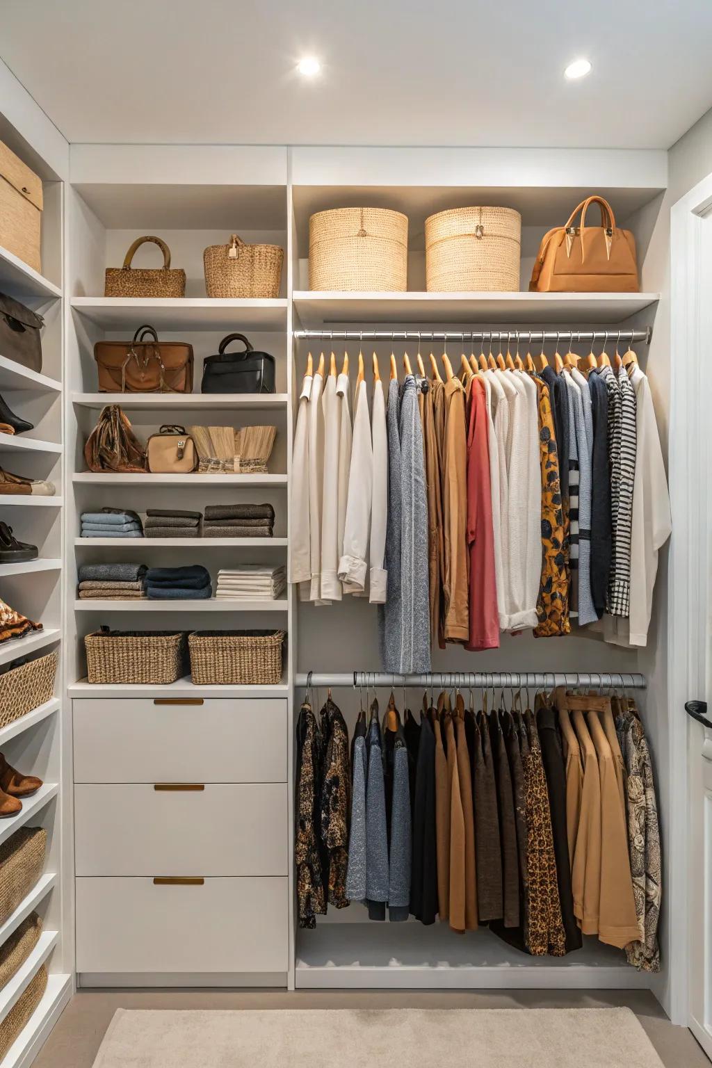 Closet organizers can result in efficient storage arrangements.