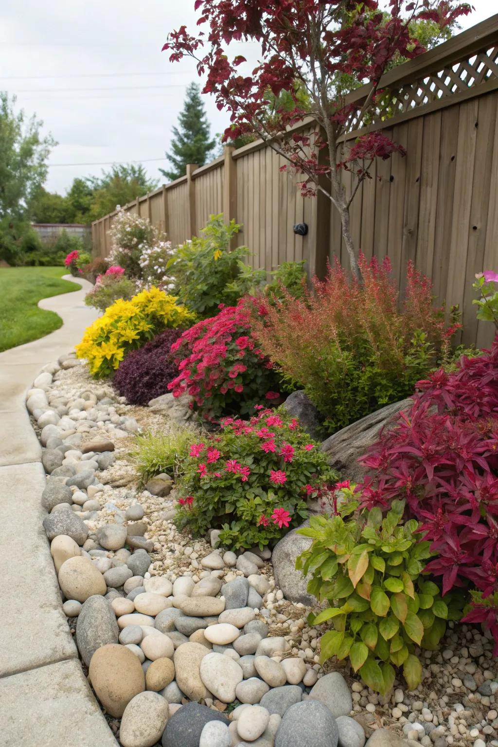 An ideal pairing of dynamic flora and ornamental rocks.