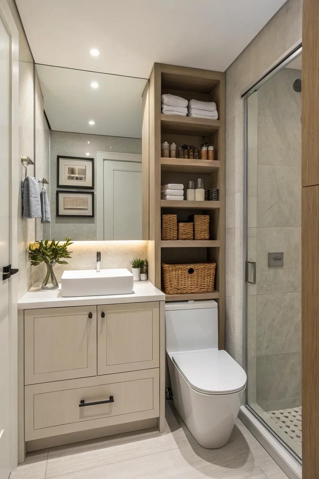 Concealed storage maintains a tidy and orderly bathroom.