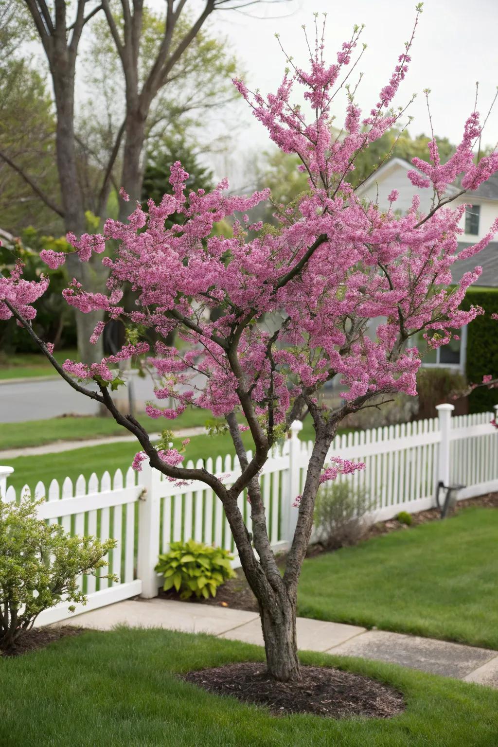 Rosebud tree displaying its vibrant spring blossoms.