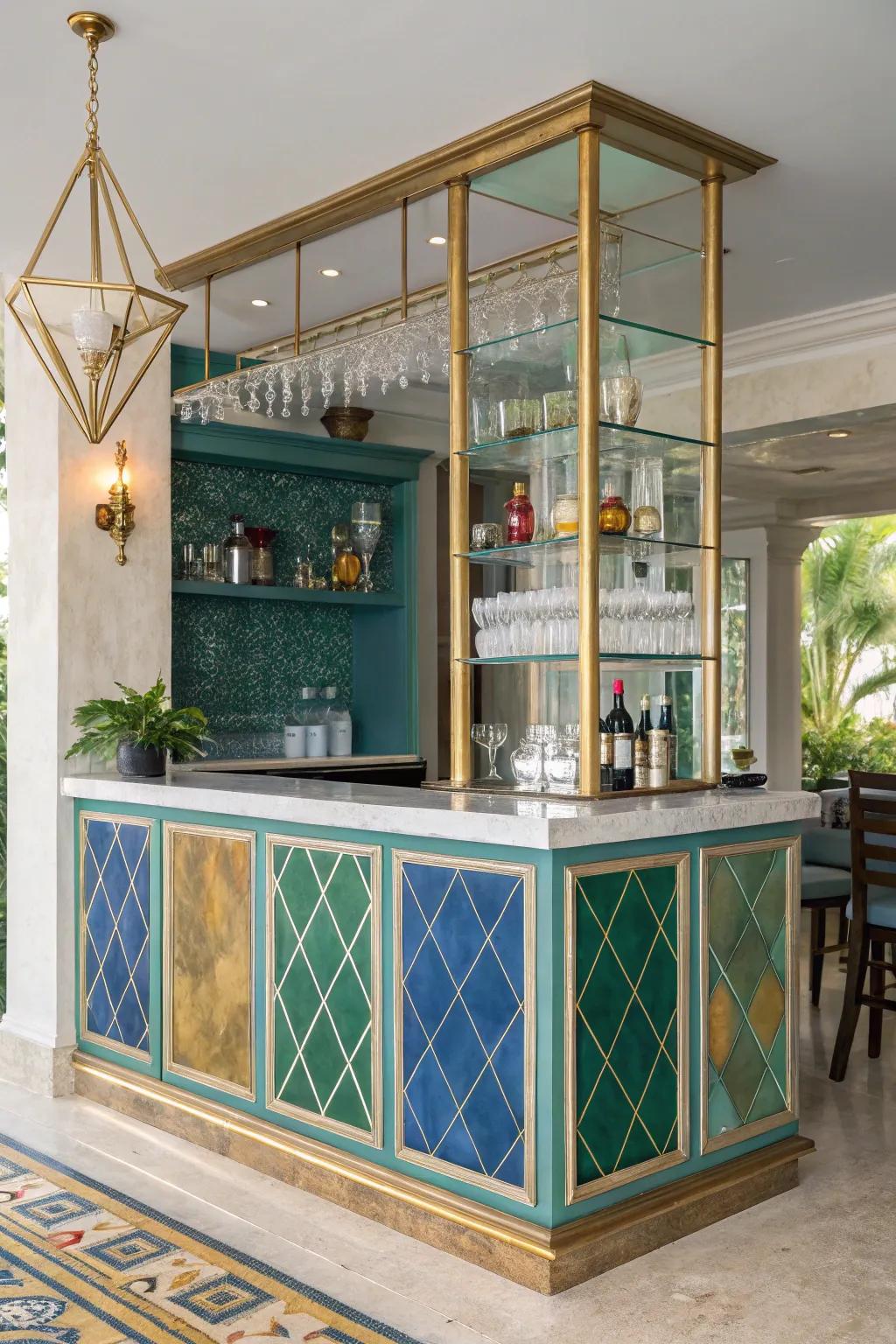 A compact wet bar features a fashionable and distinct color scheme.