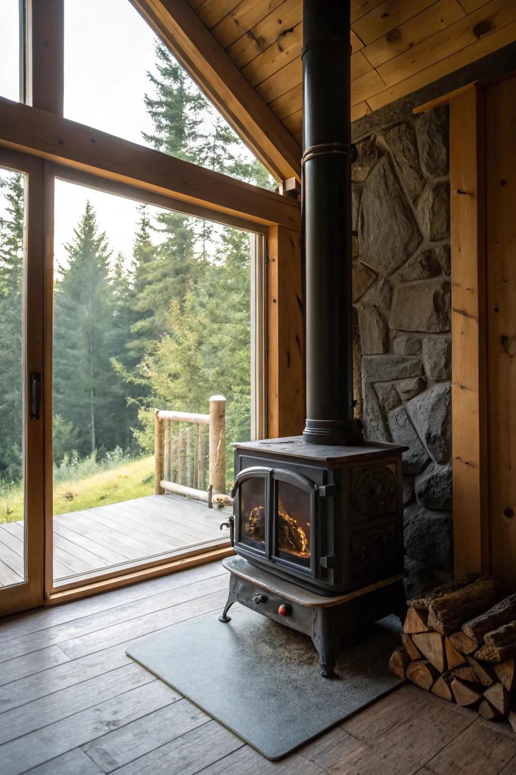 Natural light enhances the warmth of a wood heater for a cozy setting.