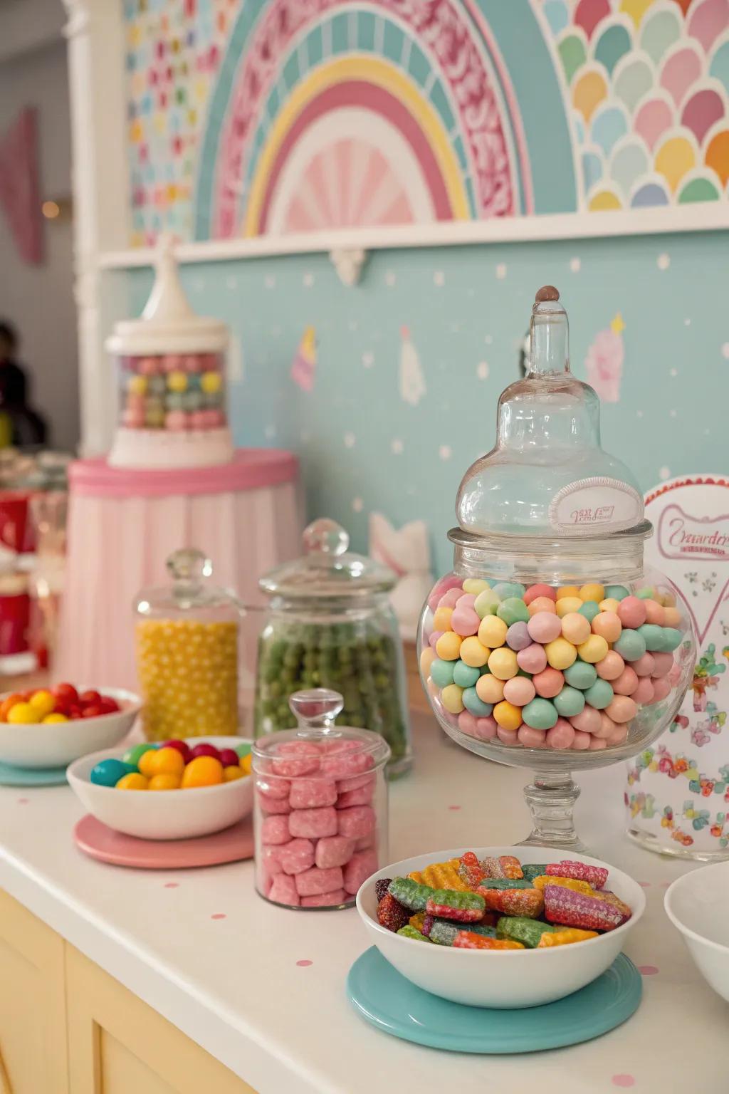 A retro sweets corner brings vivid sweetness to the celebration.