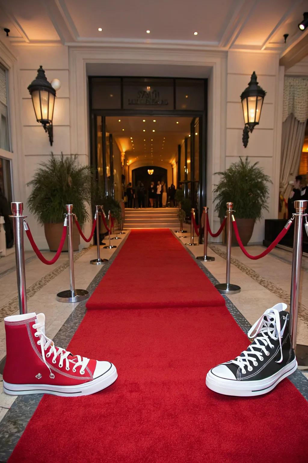 A glamorous grand entrance adorned with sneaker decorations.