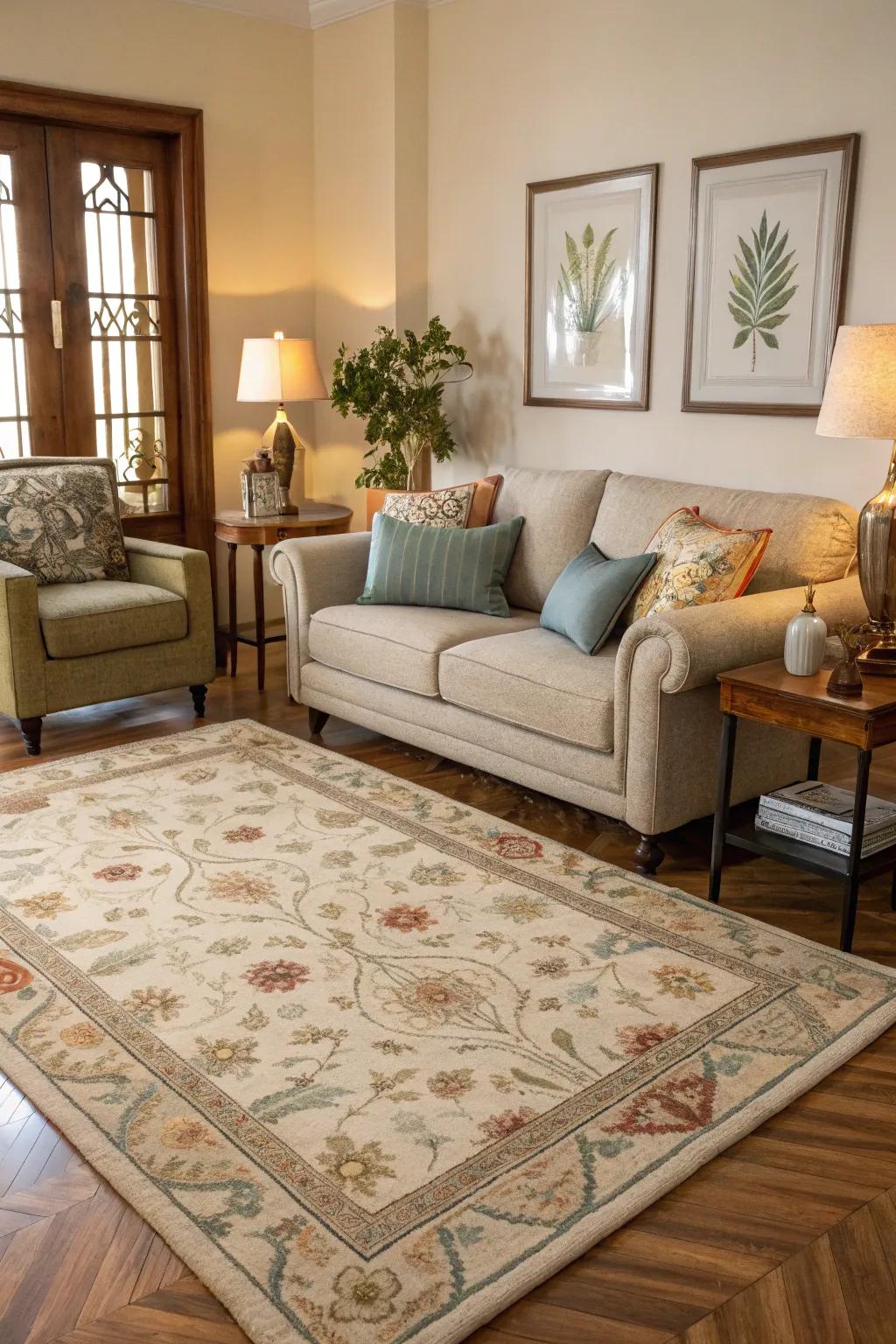 A floor covering adds cohesion and warmth to the seating area.
