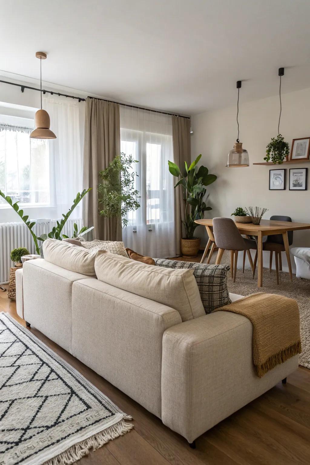 A backless sofa cleverly separates an open-plan compact living space.
