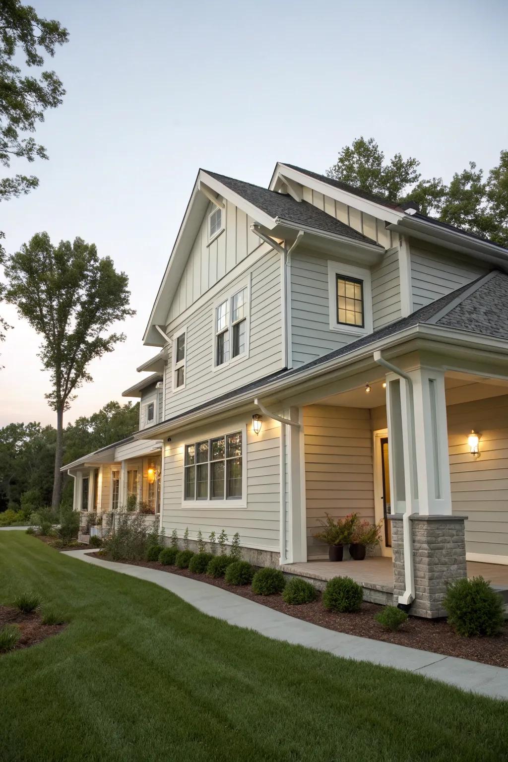 Soft gray soffit and fascia provide understated elegance.