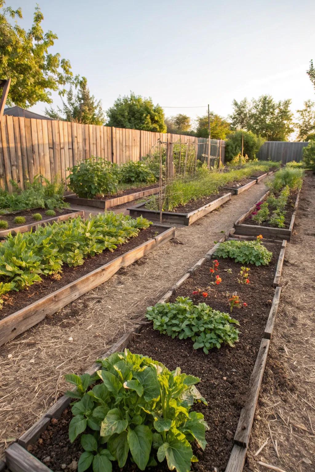 Mulched garden beds that provide optimal moisture retention and weed suppression.