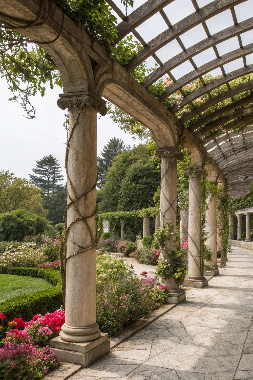 Curves and pillars add traditional sophistication to the pergola.