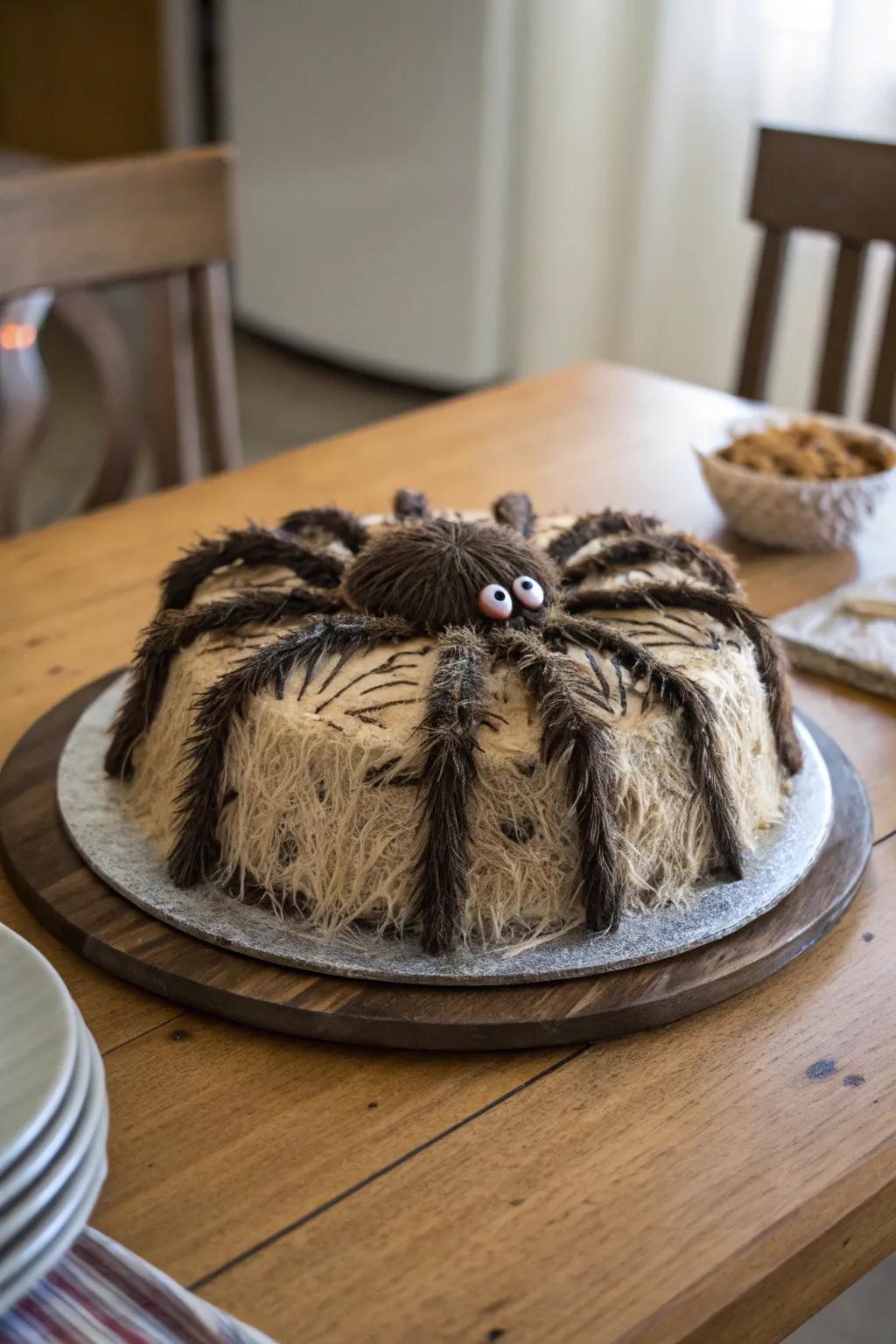 A hirsute spider cake that appears remarkably lifelike.