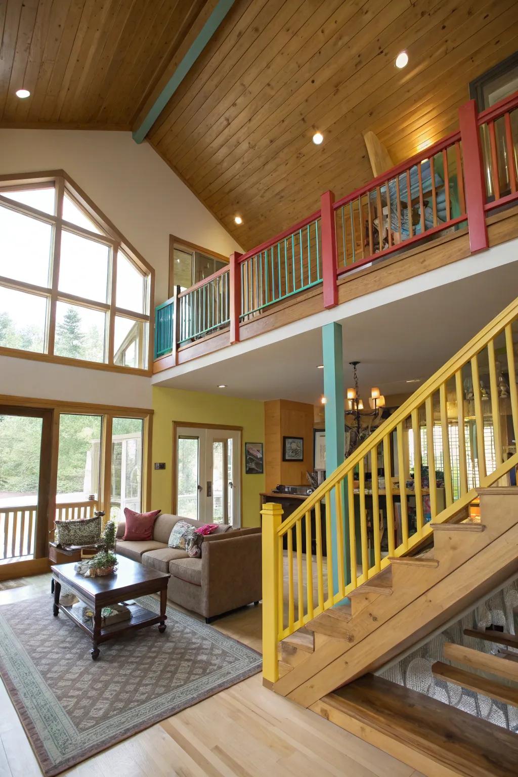 Vividly painted railings appending a playful highlight to a split-level abode.
